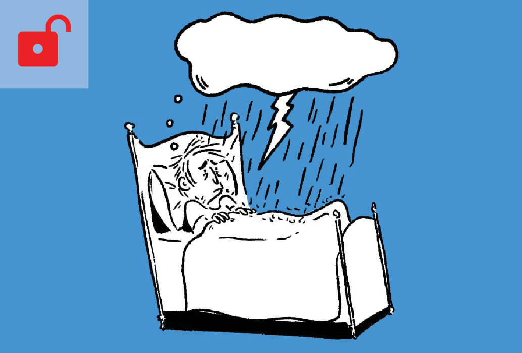 Illustration of man laying in bed, with storm cloud hovering over him