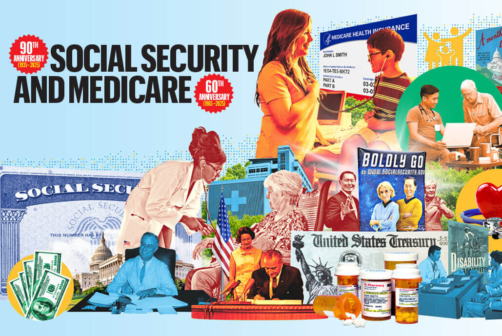Social Security and Medicare. A bright photo collage of health and finance images