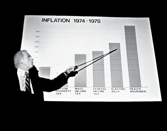 Photo of man pointing to 1974-1978 inflation chart