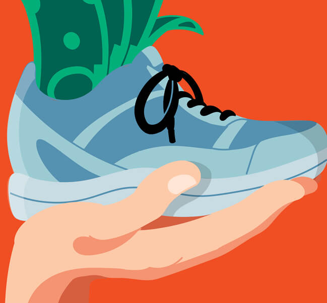 Illustration of a hand holding a walking shoe, the shoe has dollar bills coming out of the foot opening
