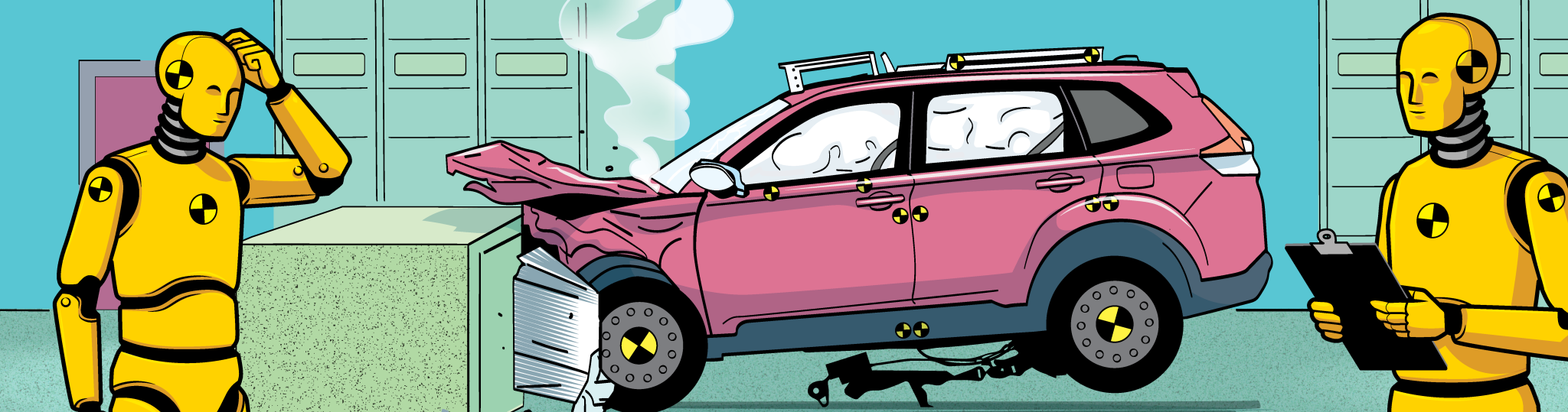 Illustration of a car rammed into a barrier in an enclosed room. Ther are 2 crash test dummies that are surveying the scene.