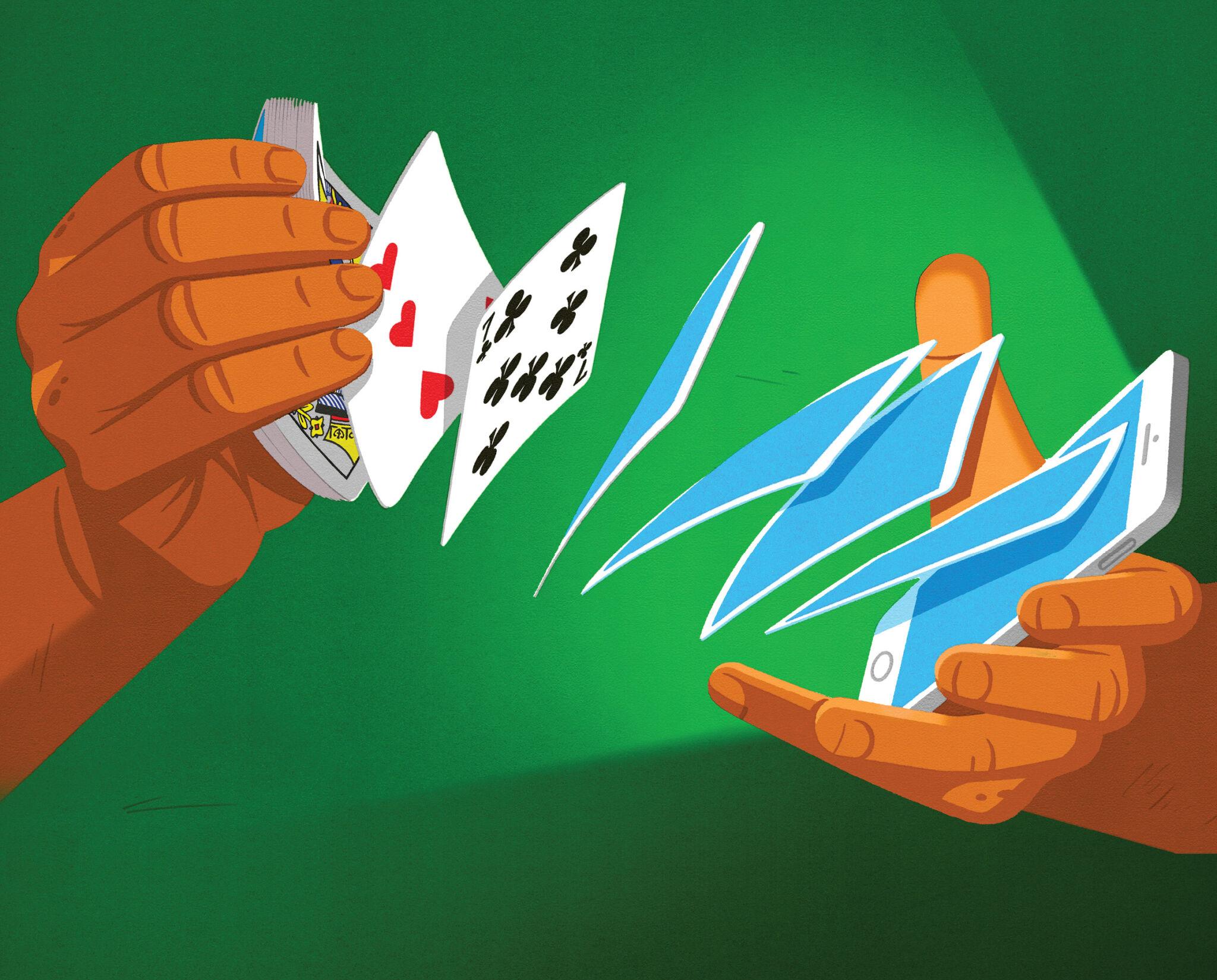 Illustration of hands shuffling playing cards from one hand into the other. One hand holds a stack of cards while the other holds a smart phone. The cards transform from playing cards into a phone screen.