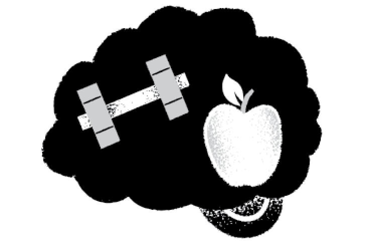 Illustration of a cloud with an apple and a dumbbell inside it