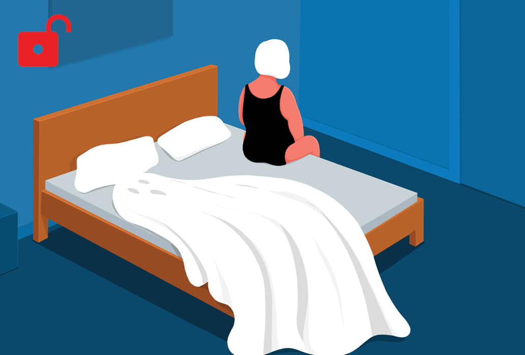 Illustration of a woman sitting on the edge of her bed, her sheets are in the shape of a ghost