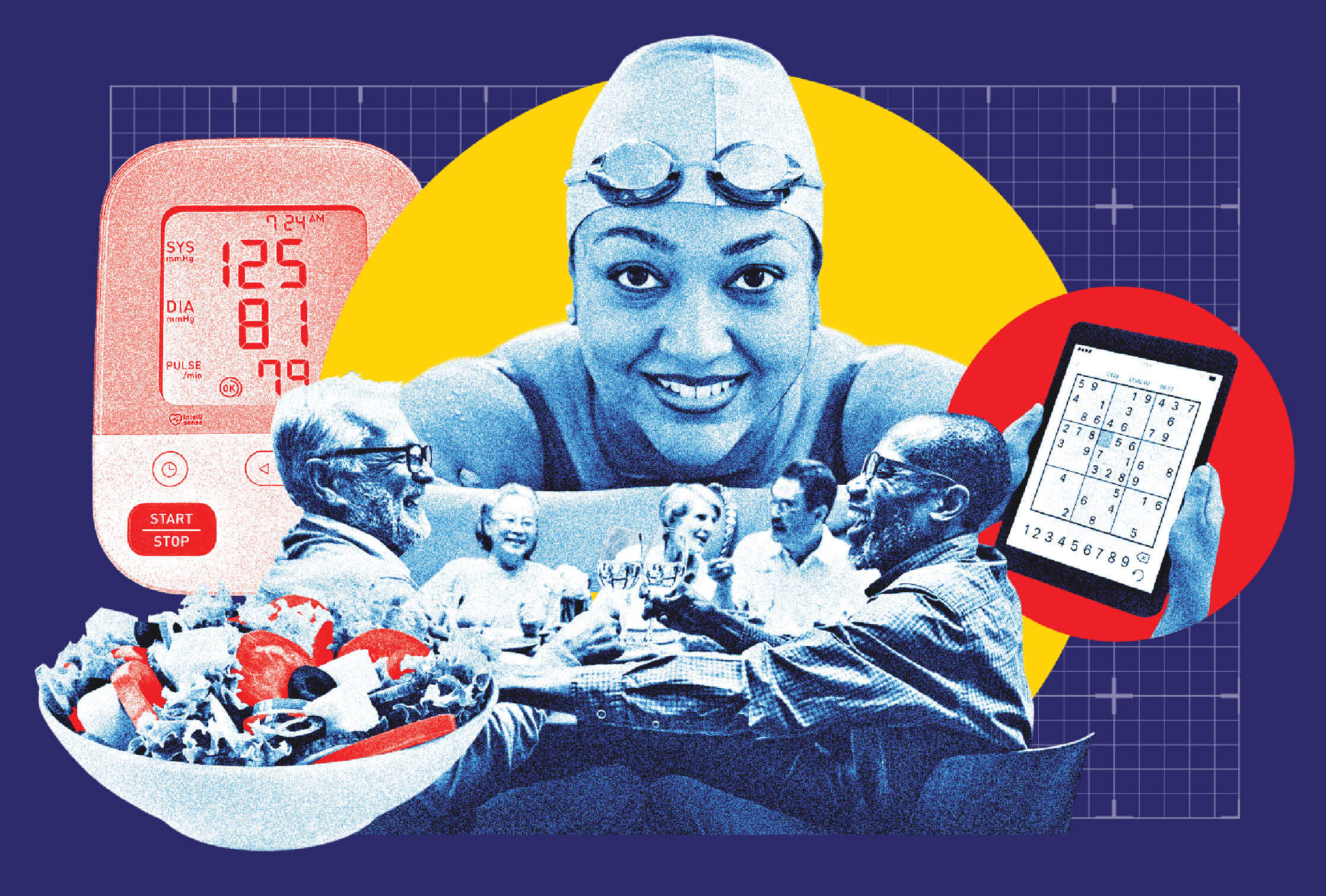 Photo illustration of a woman in a swim cap, a salad bowl, a blood pressure reader, and a table of friends at dinner