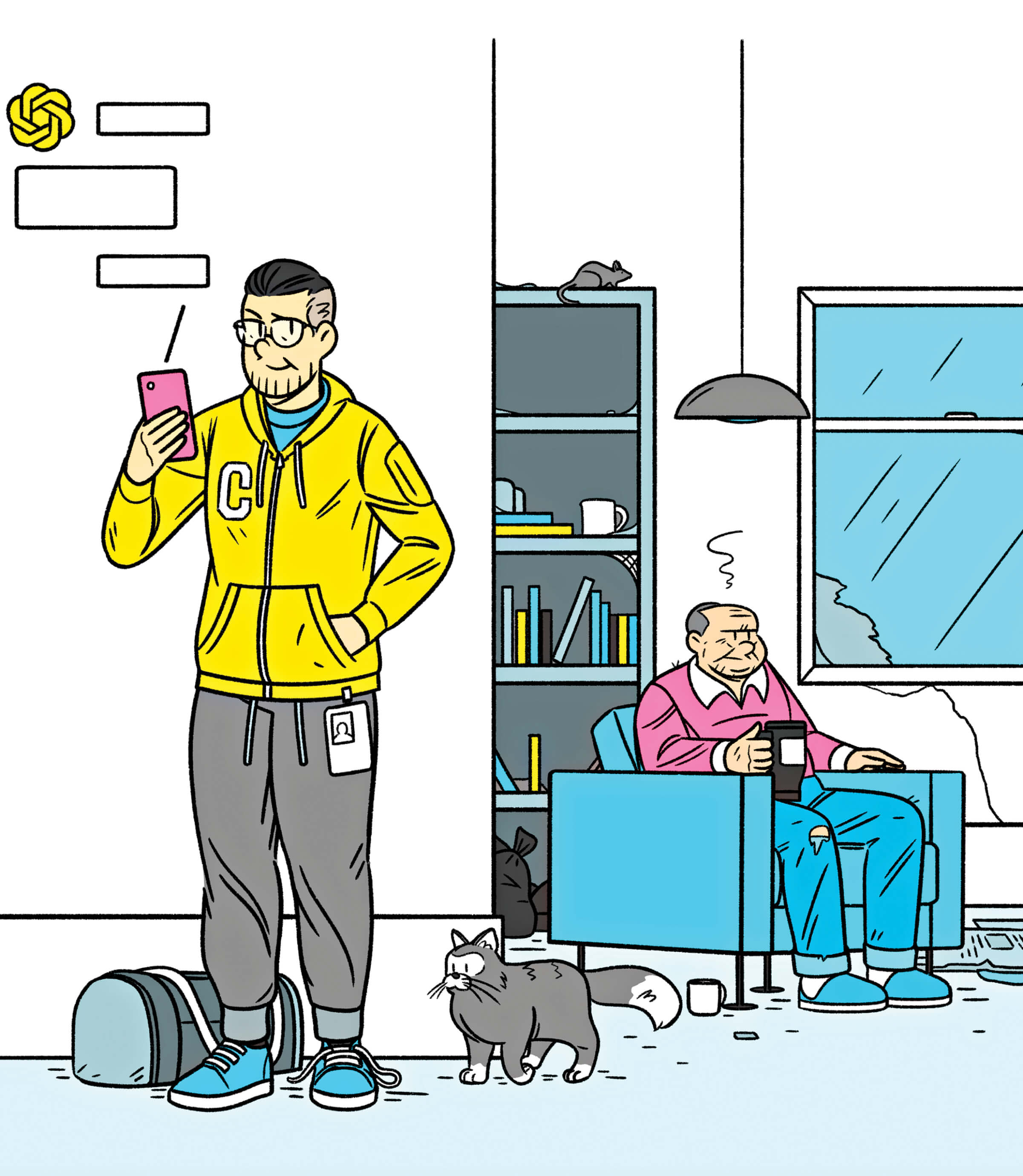 Illustration of a young caregiver holding a phone and asking AI a question. An older man is sitting in the background.