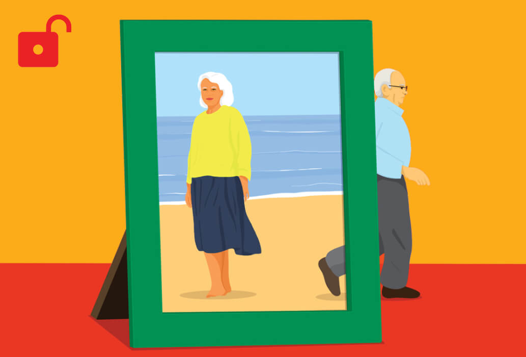 Illustration of a woman in a photo frame, her husband is walking out of the frame