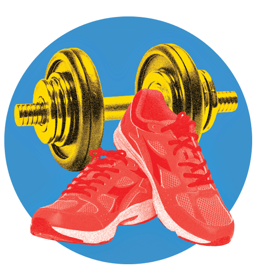 Icon of running shoes and a dumbbell