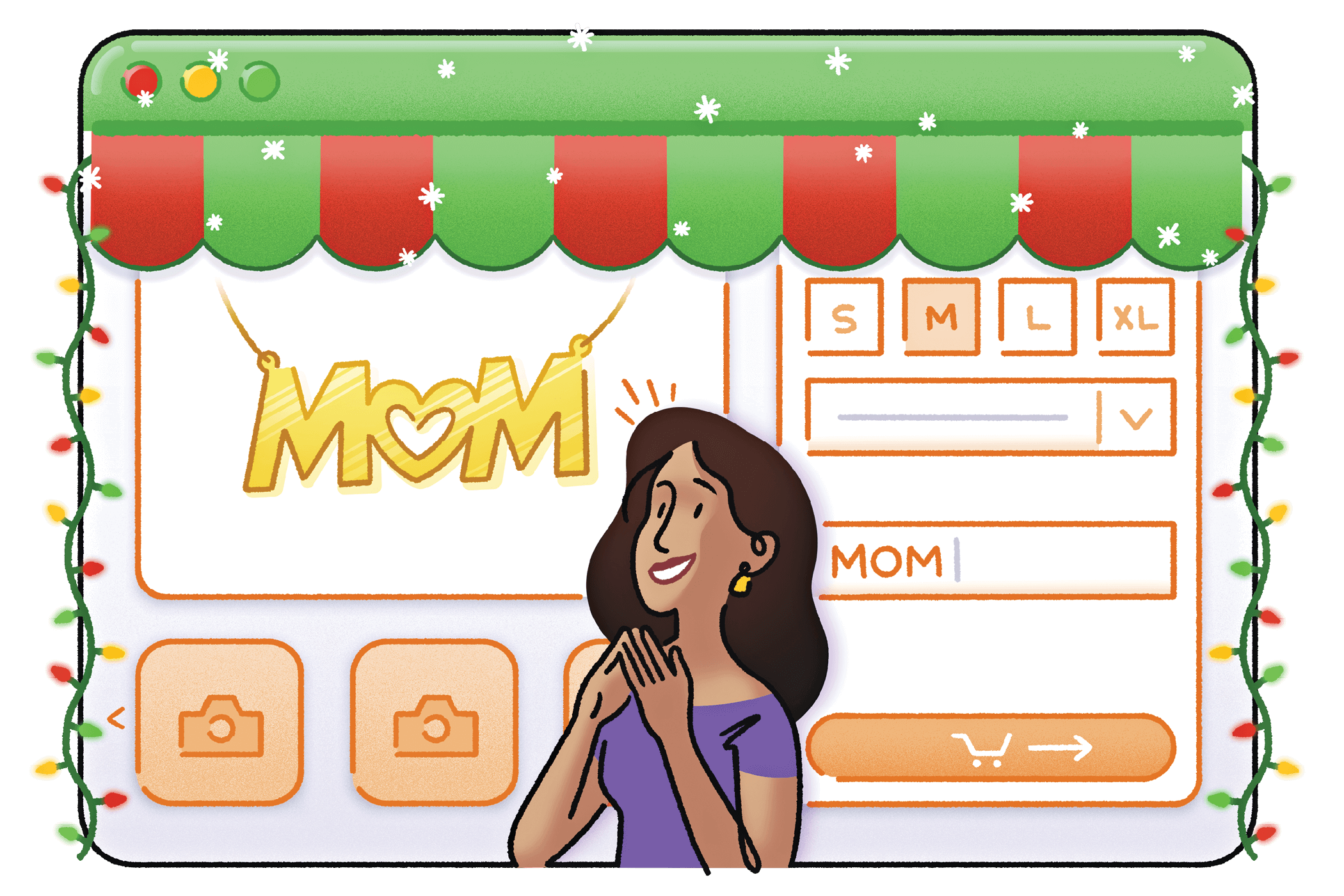 Illustration of a woman looking up at a computer shopping screen, that shows a gold necklace reading MOM