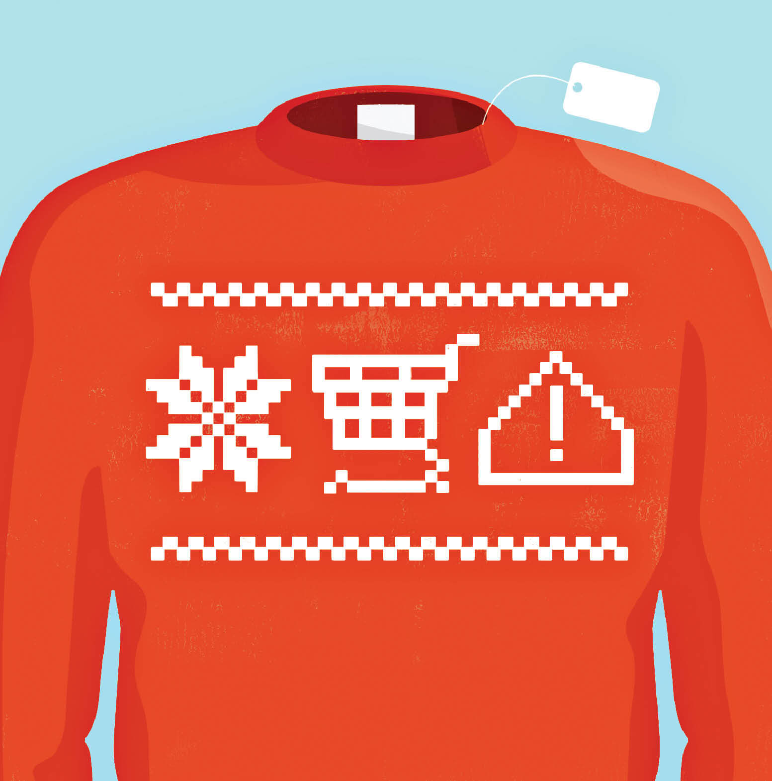 Illustration of a holiday sweater that has a shopping cart and warning symbol embroidered on the front