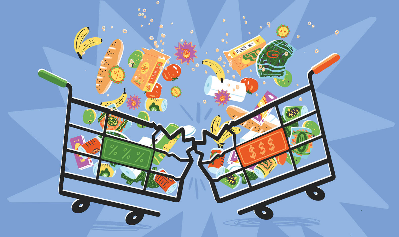 Illustration of two grocery carts crashing into each other head on. Both carts are full of groceries jumping around. On cart has percentage symbols on it like a tag, while the other has dollar signs.