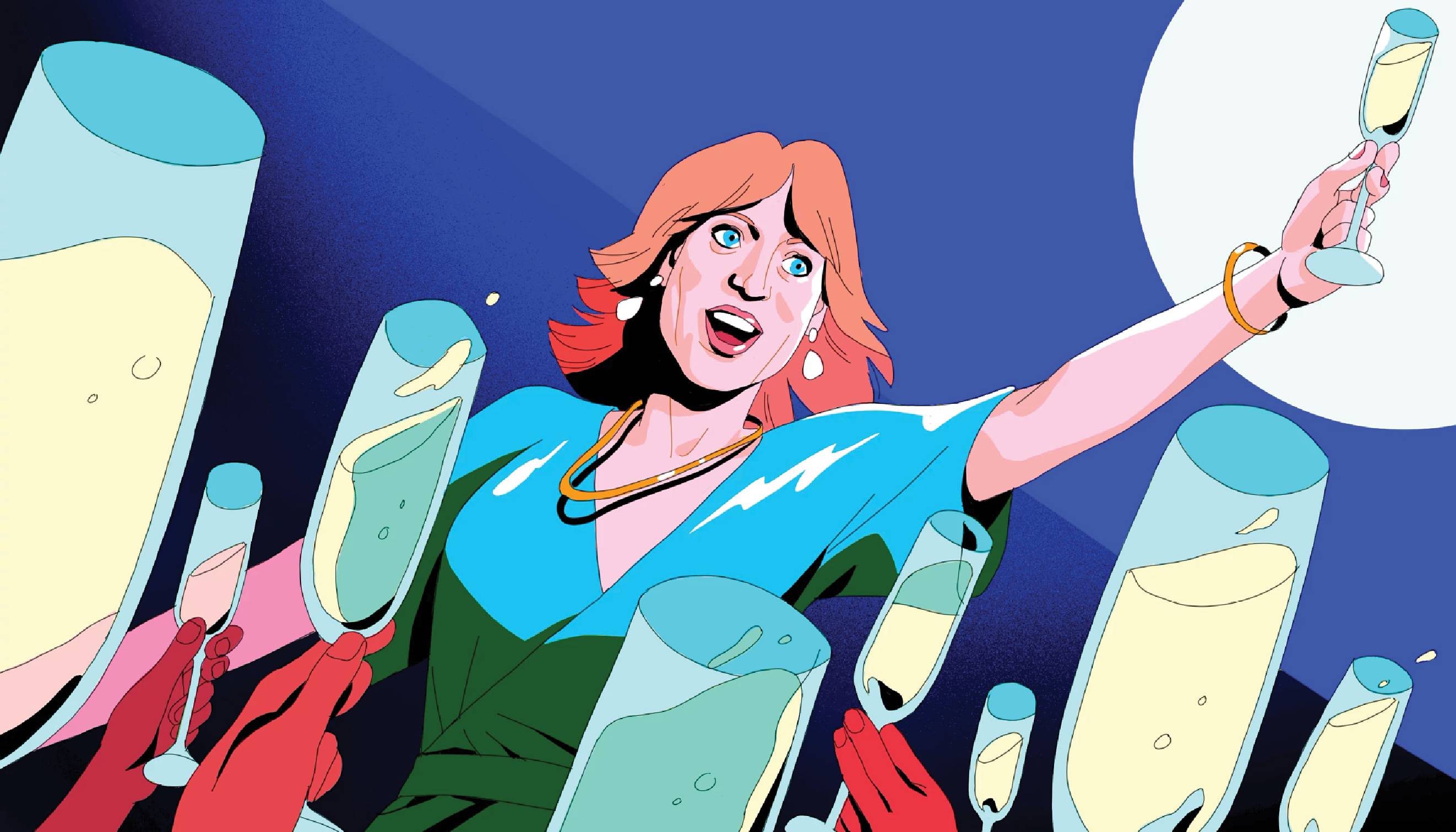 Illustration of a woman raising a glass of champagne to give a toast. She is smiling and is surrounded with other people raising their glasses champagne flutes.