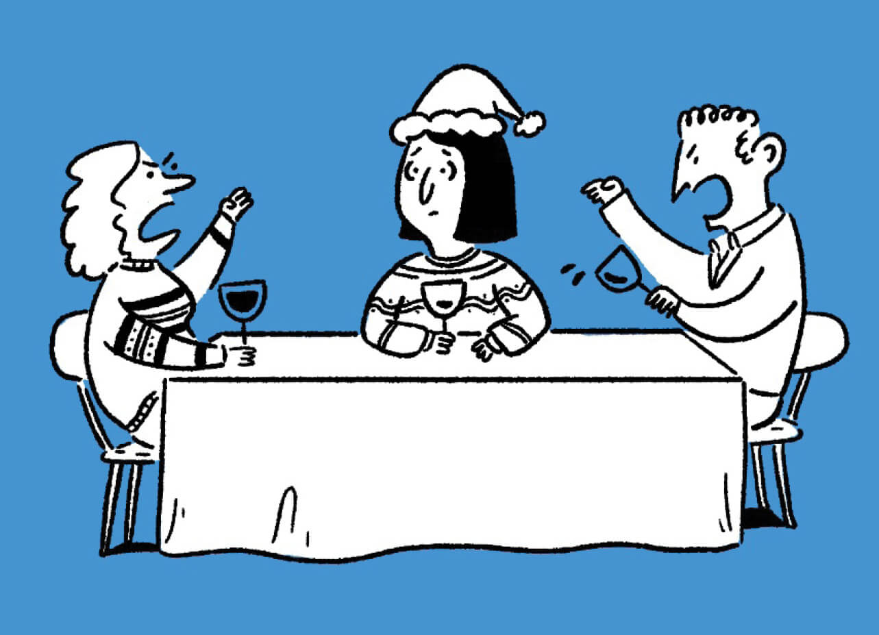 Illustration of a family dinner table with the parents arguing while their daughter sits in the middle unsure of what to do.