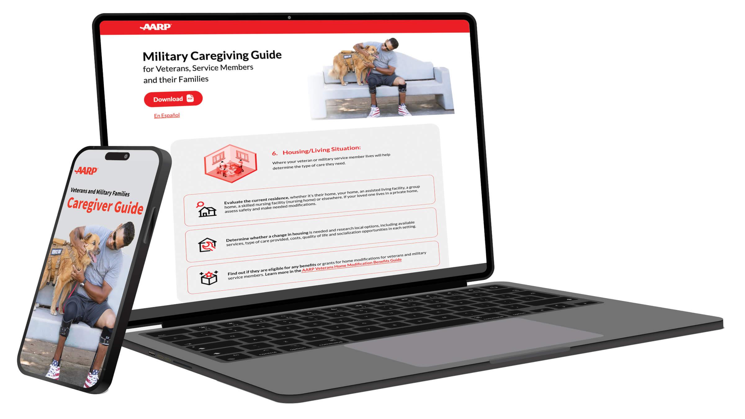 Image of a computer screen with AARP’s website opened to the page “Military Caregiving Guide”. There is a phone in front of the computer which is also displaying AARP’s Caregiving Guide.
