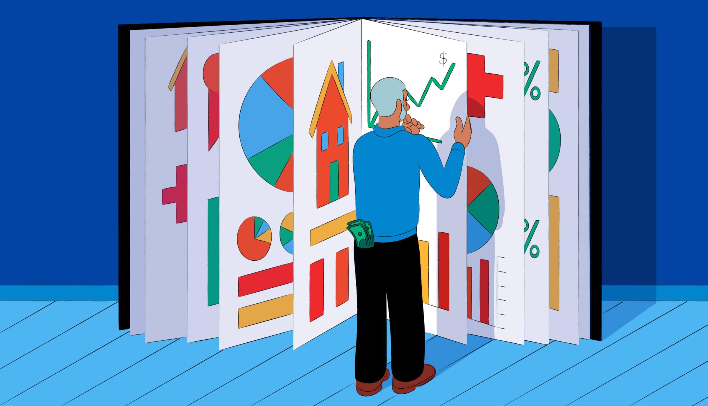 Illustration of an elderly person examining and flipping through a huge book of financial charts graphs, houses, and percentages.