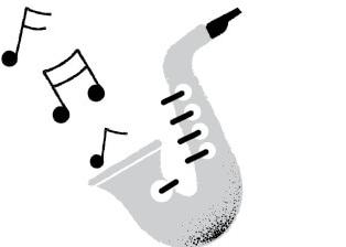 Illustration of a saxophone with musical notations coming out of it.