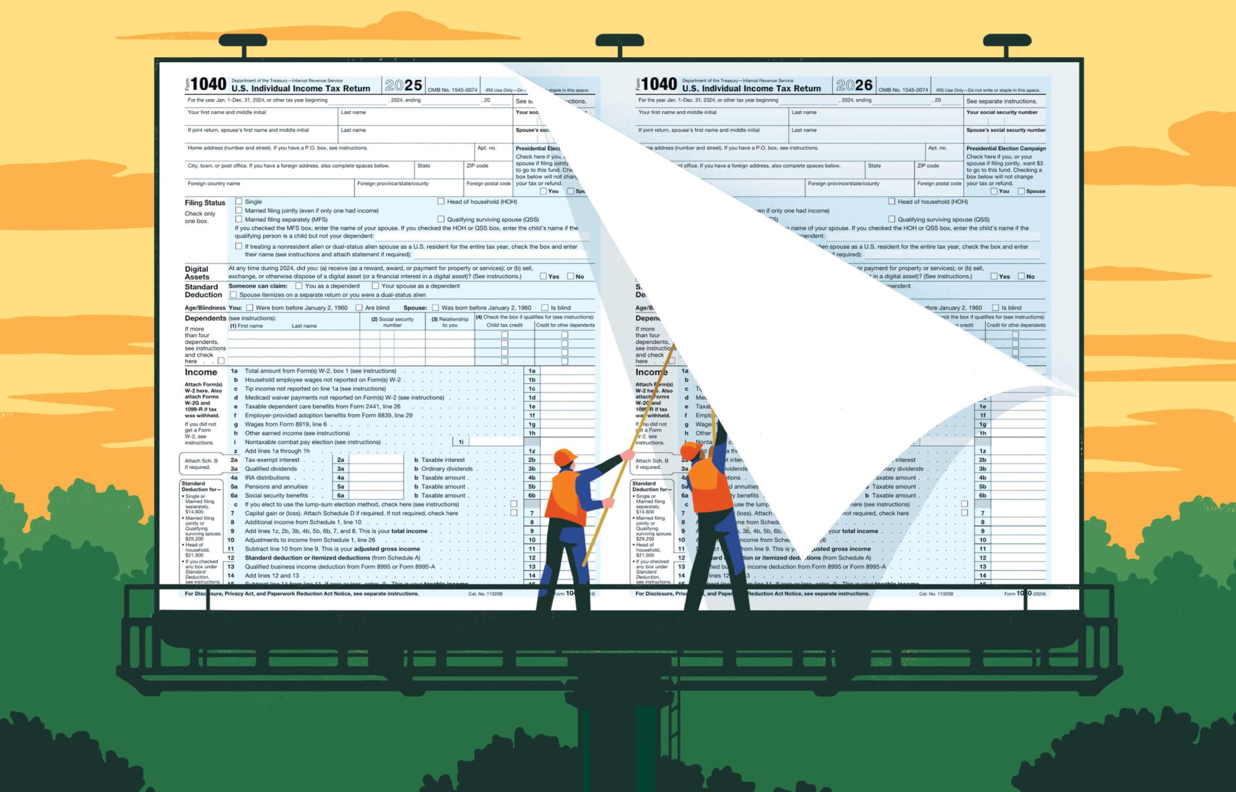 Illustration of a billboard with two men sticking the 1040 Tax return pages on the billboard.