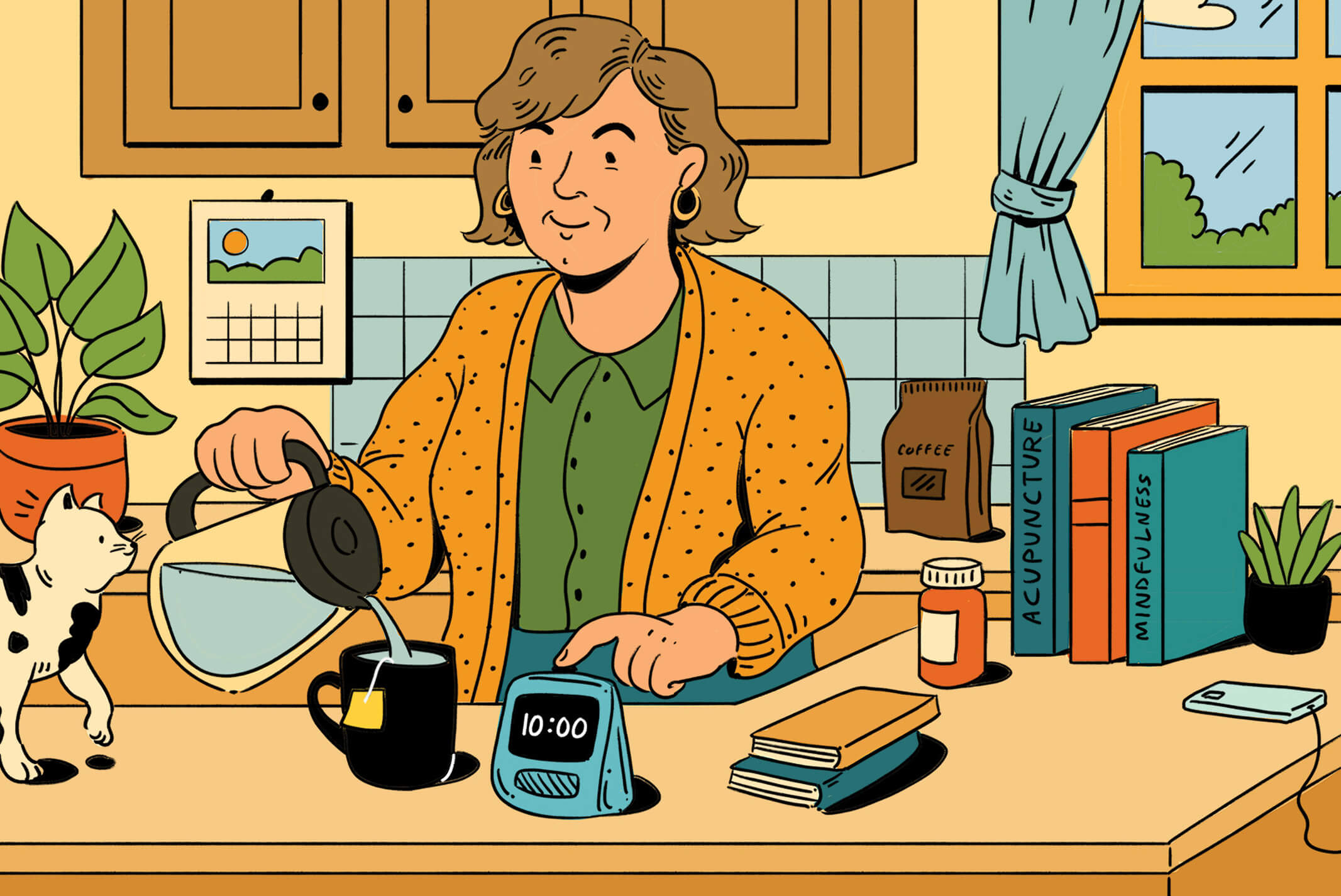 Illustration of an older woman in a kitchen making herself tea. She is pouring herself hot water from a kettle and a clock in front of her reads 10:00 am.