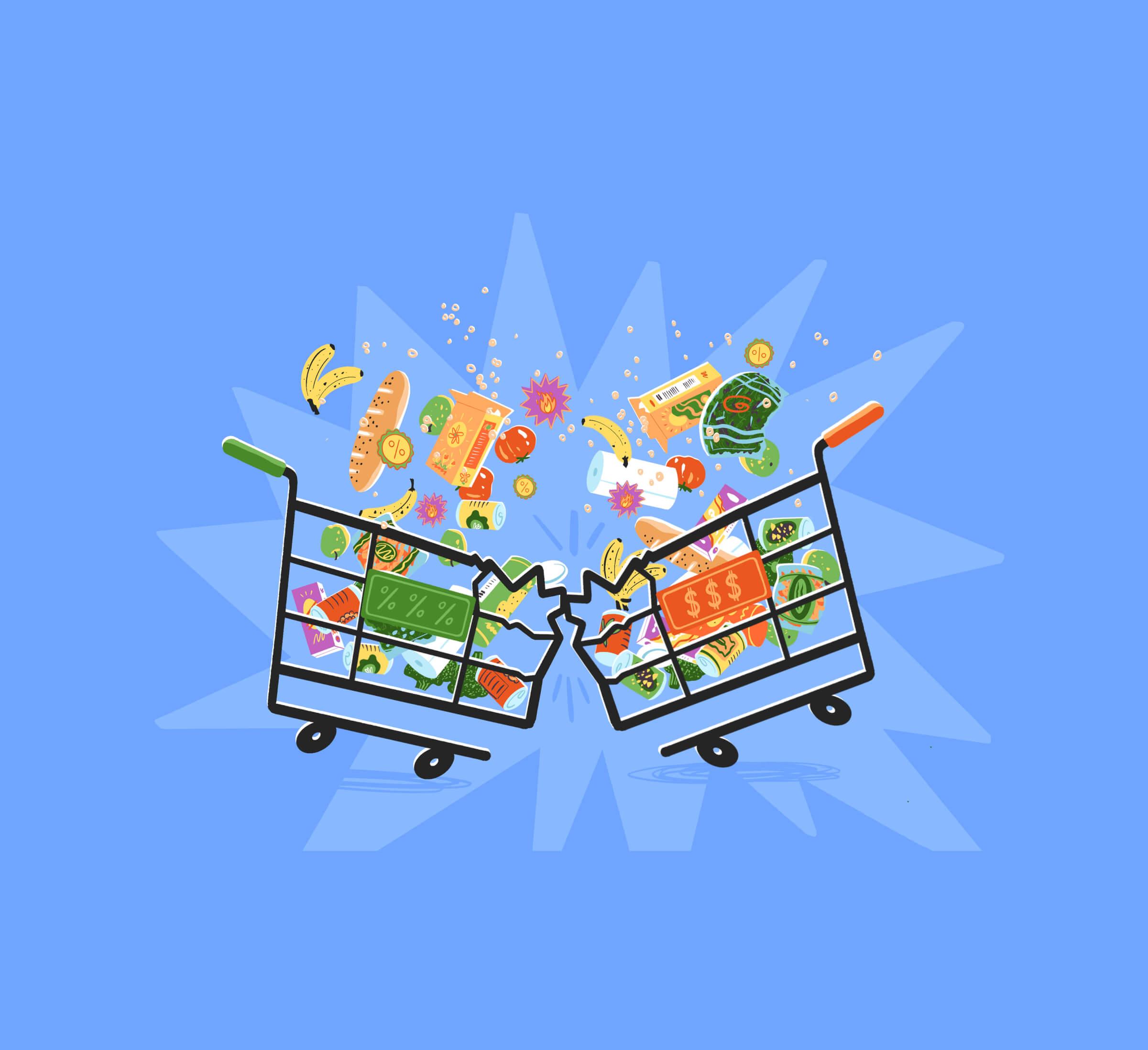 Illustration of two shopping carts colliding and breaking apart at the center. Groceries and money symbols—such as fruits, vegetables, bread, cans, price tags, coins, and dollar bills are flying out in all directions.