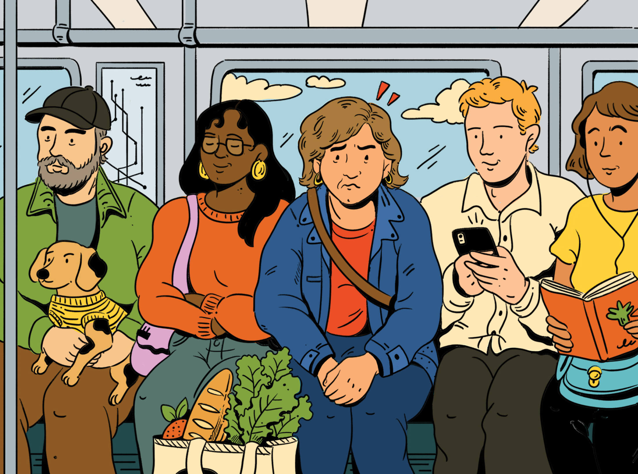 Illustration of several people sitting on the train. The focus of the illustration is on an older woman sitting tightly cross-legged in the middle of several young people. Her hands are tightly gripped above her knees and there are two red exclamations marks above her head.