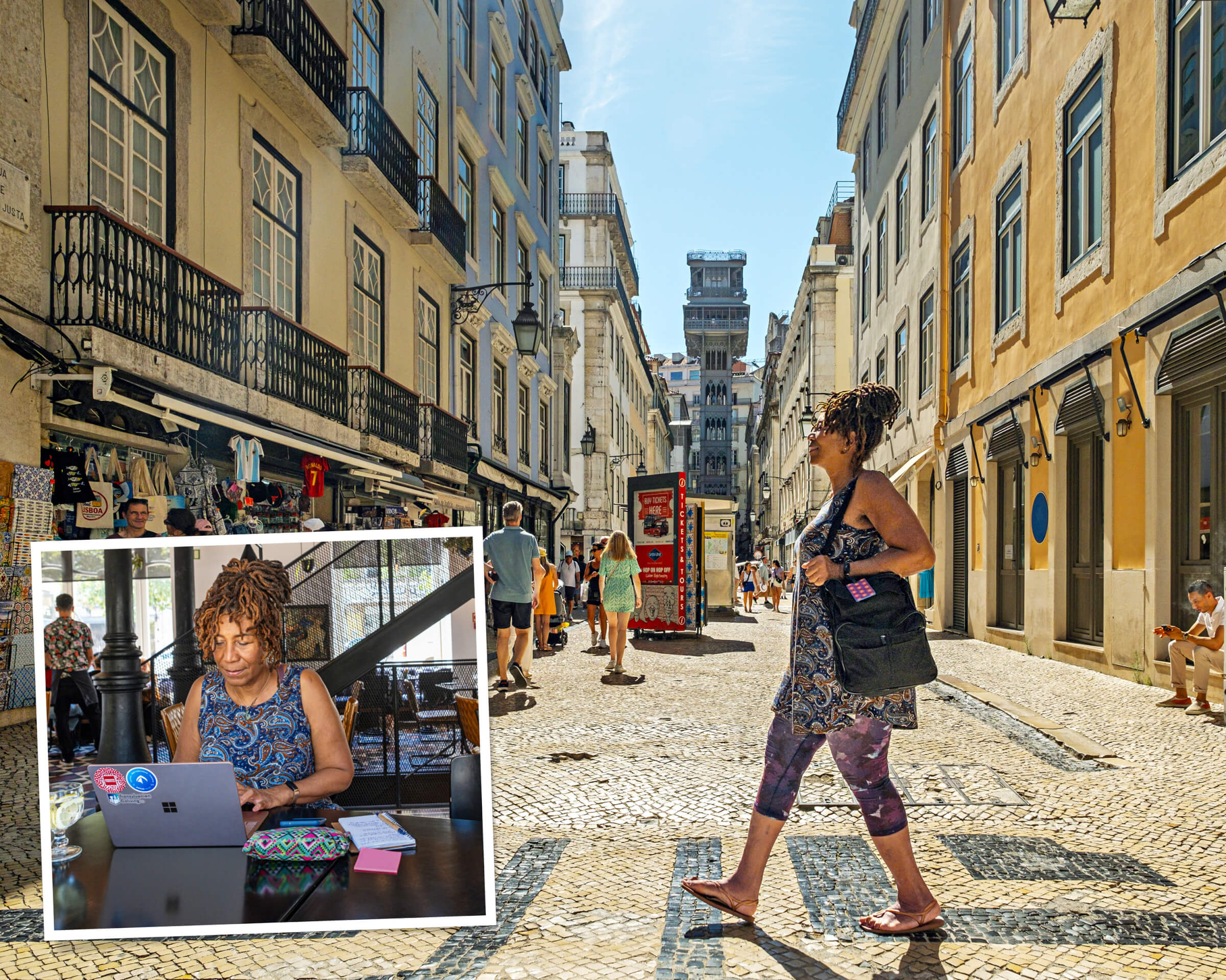 Photo of Siobhan Farr walking in Lisbon, Portugal with an inset photo showing her working at her office