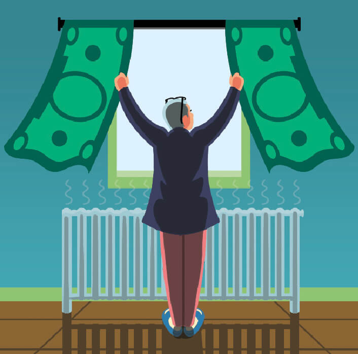 Woman in front of a window and radiator, she is closing the curtains that look like dollar bills