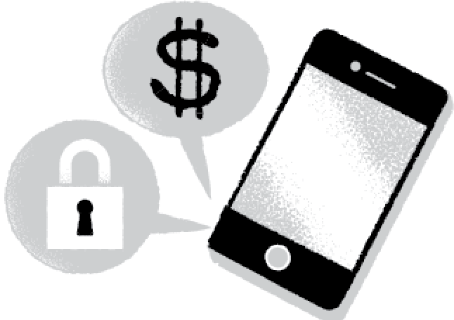 Icon of a phone with a money and lock speech bubble