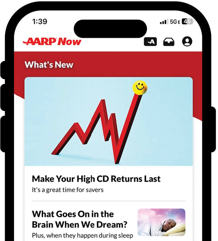 Phone with screen of AARP Now Mobile App