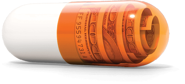 Photo illustration of dollar bills inside of a white and orange pill capsule