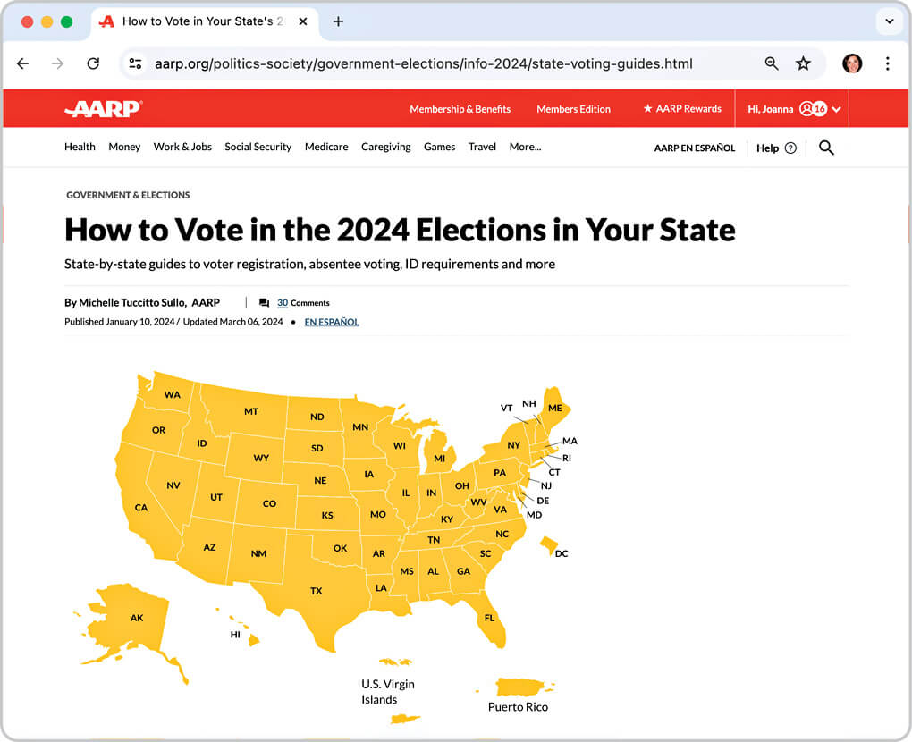 Web browser showing AARP state guide