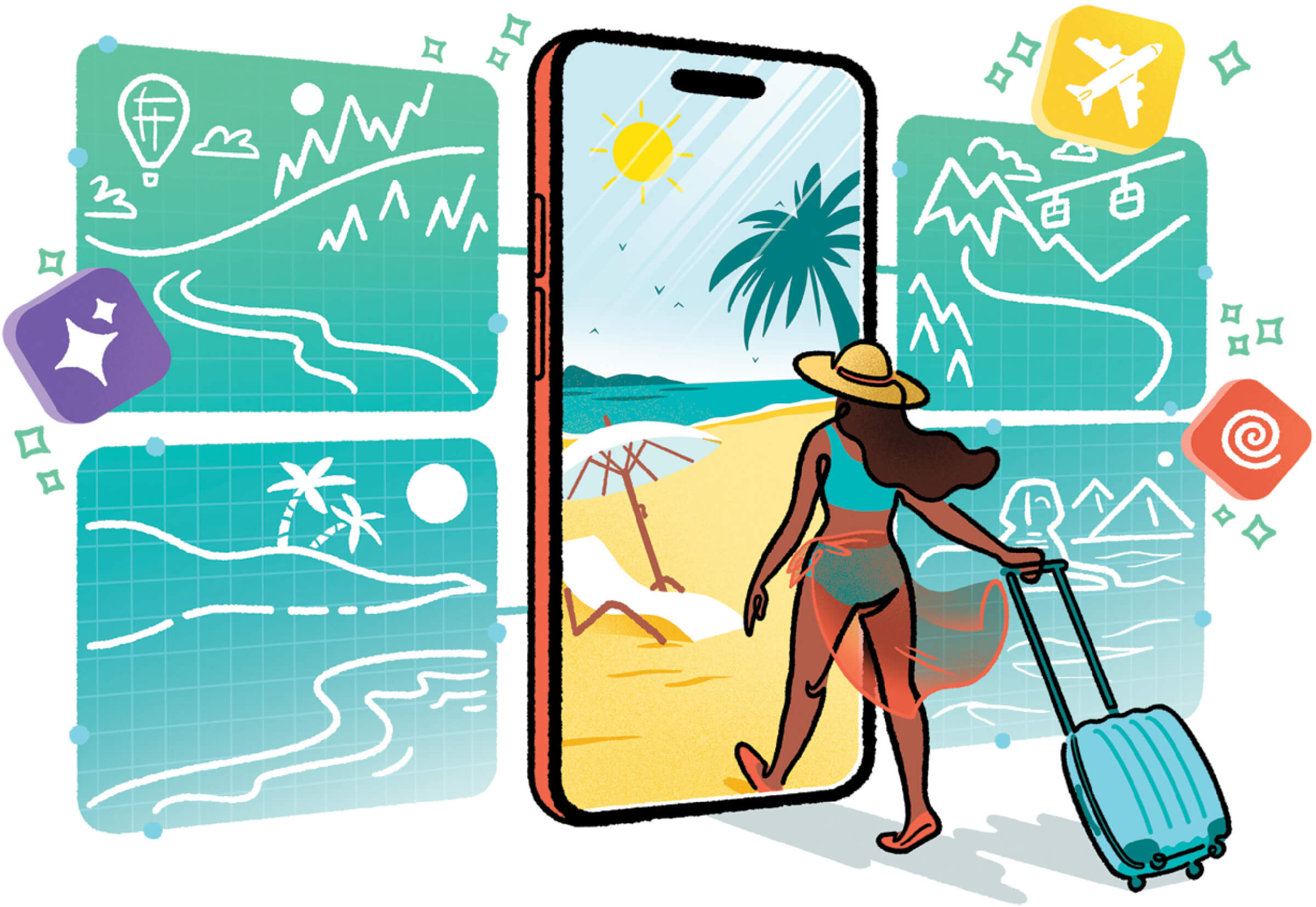 Colorful illustration of a woman with a suitcase walking into a cell phone screen, which is a sunny beach and ocean.