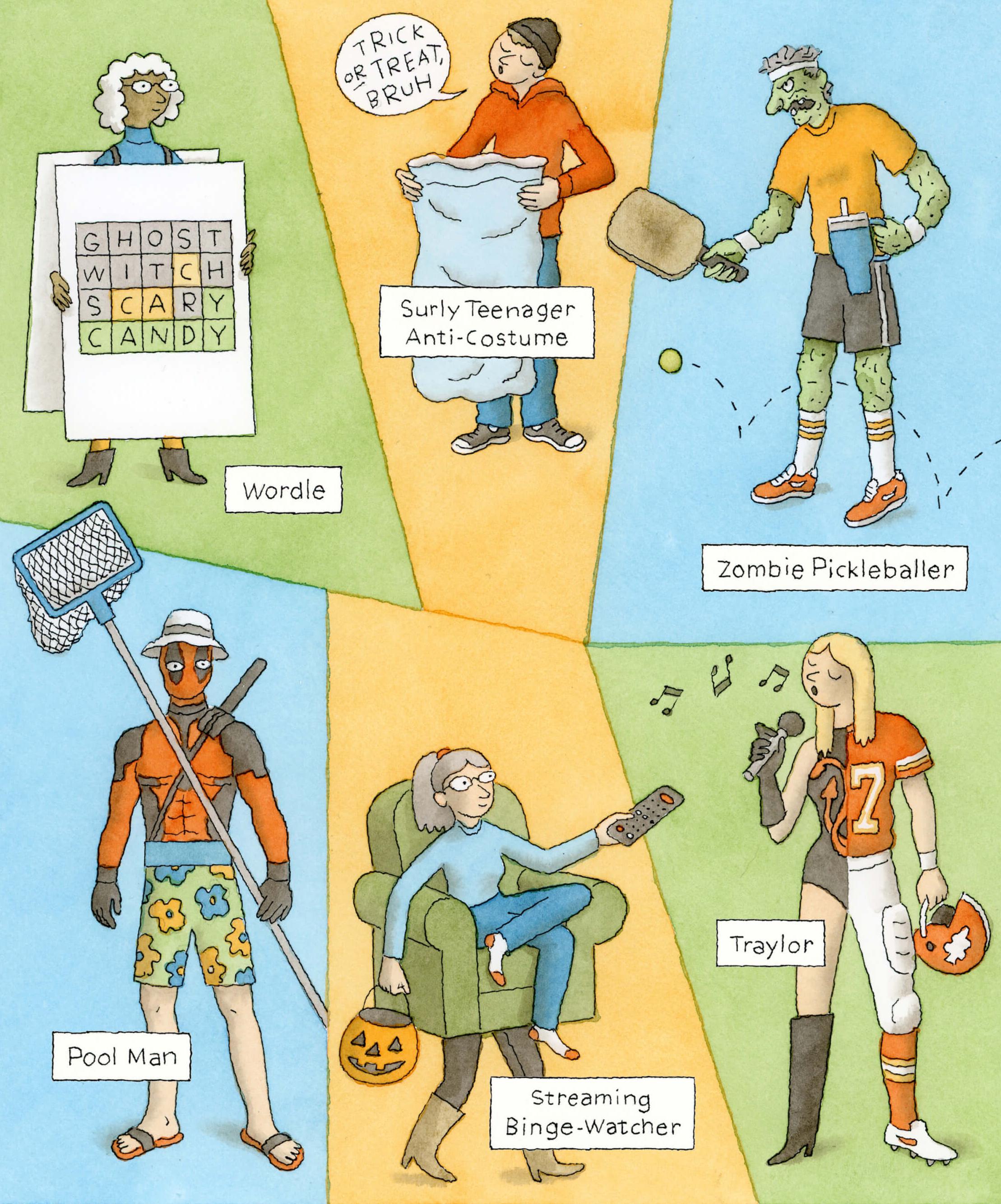 Illustration of six Halloween costumes: Wordle, Surly Teenager Anti-Costume, Zombie Pickleballer, Pool Man, Streaming Binge-Watcher, and Traylor