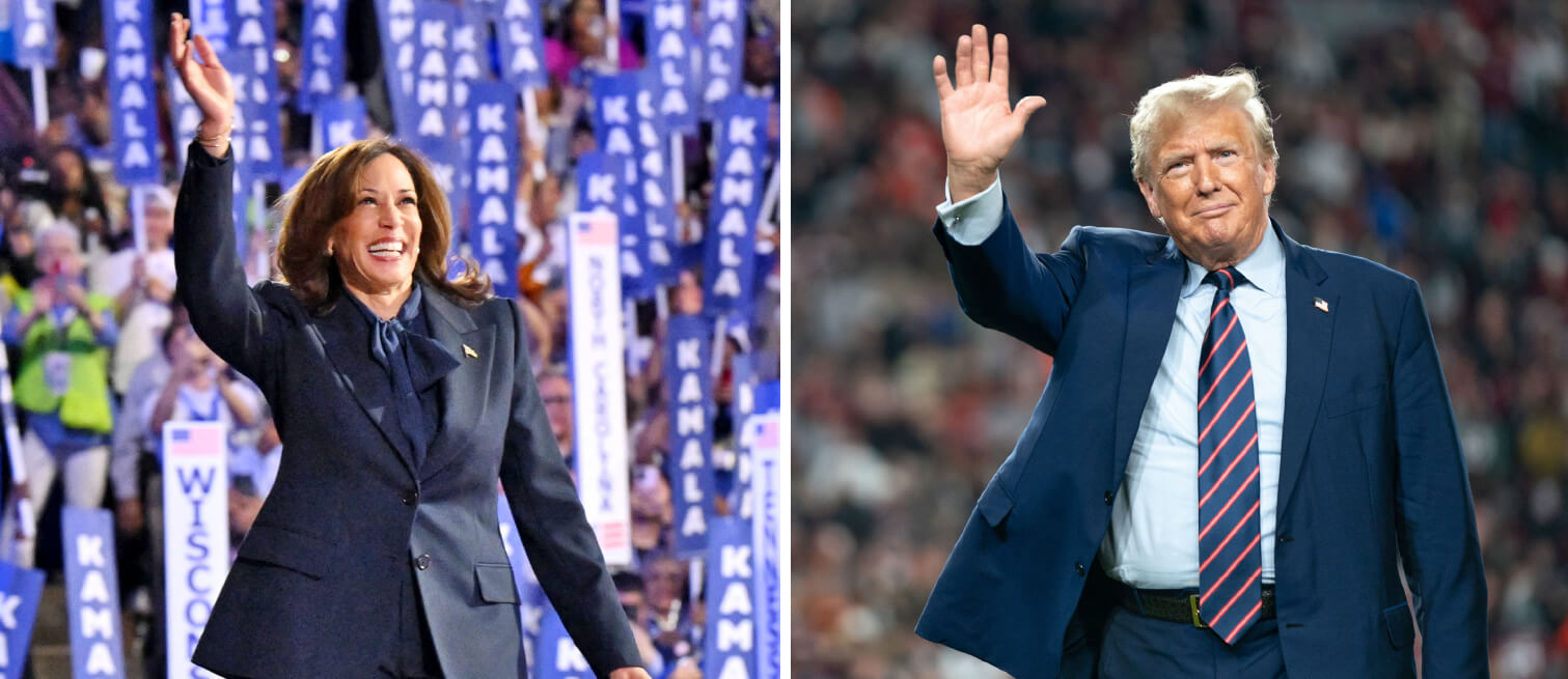 Photos of Kamala Harris and Donald Trump waving to crowd at their respective campaign rallies.