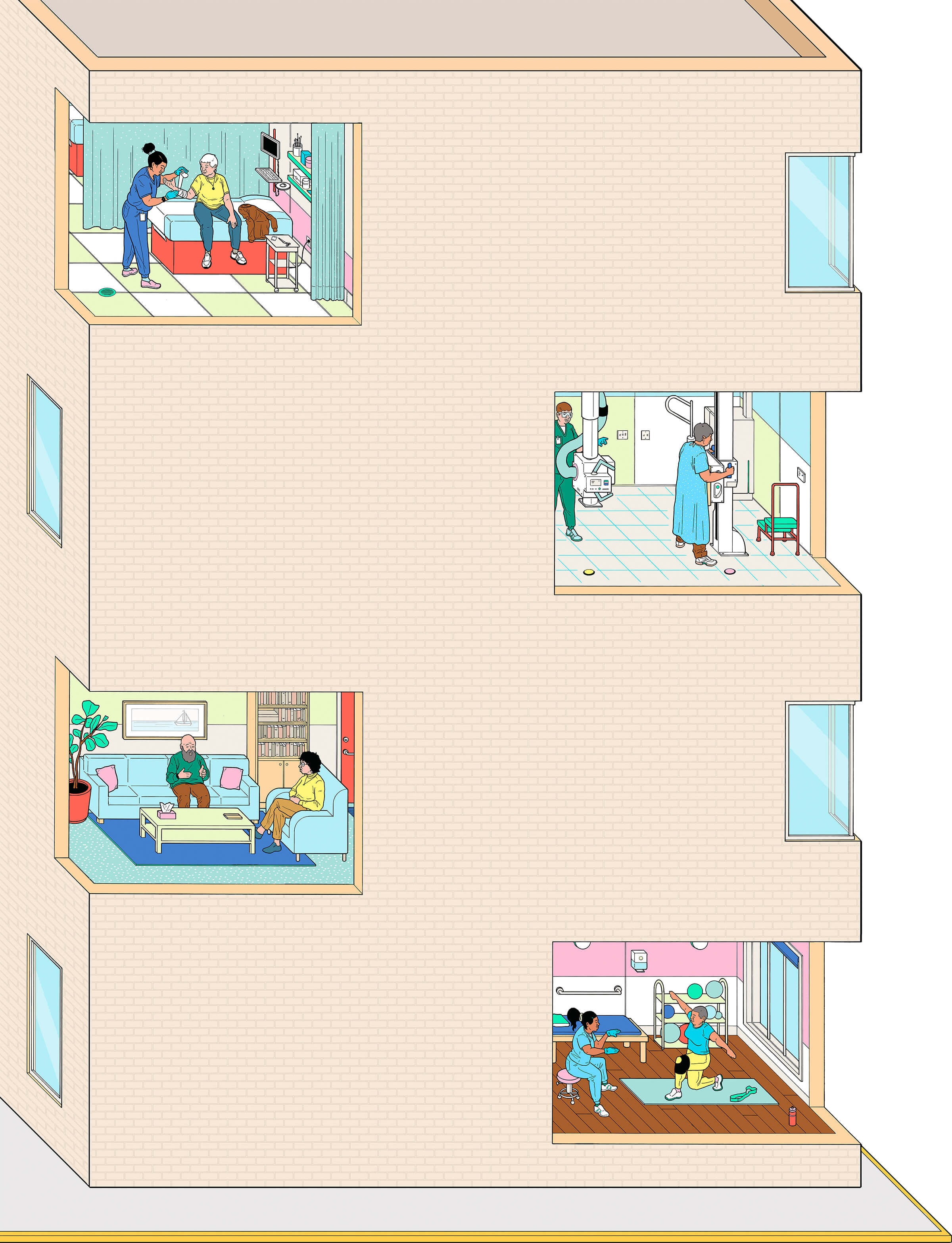 Illustration of a tall building, through four windows you can see different patients receiving different types of healthcare