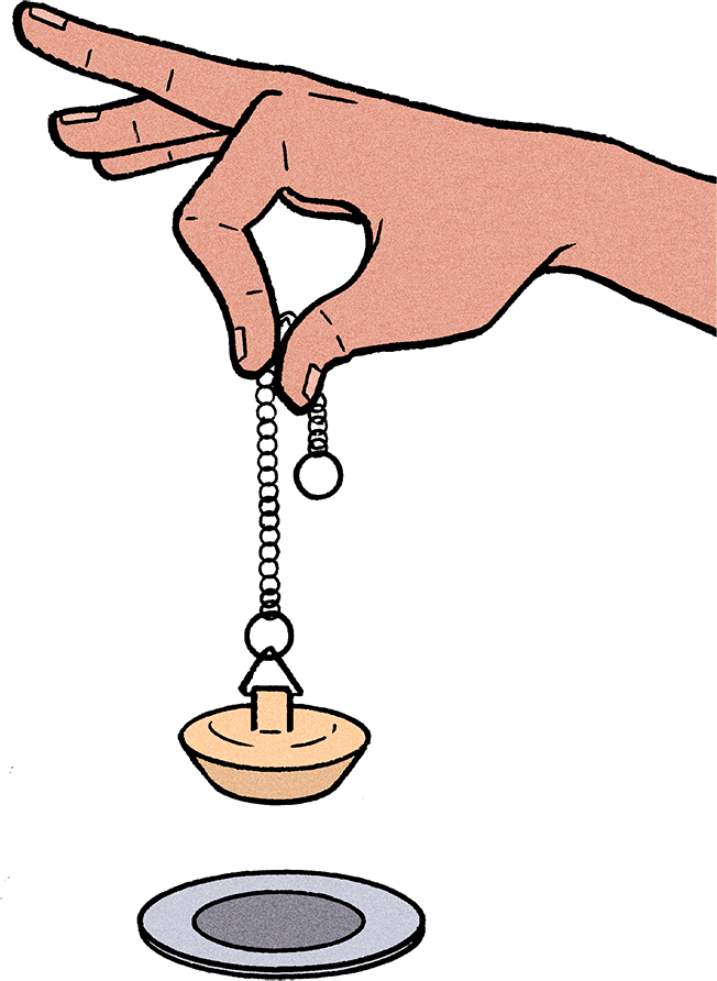 Illustration of a hand holding a drain plug on a chain above a drain opening