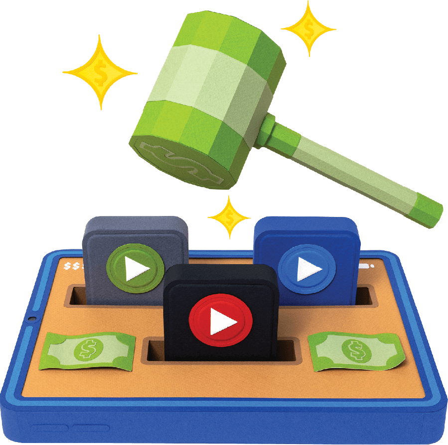 Illustration of a green mallet above a money-themed whack-a-mole game