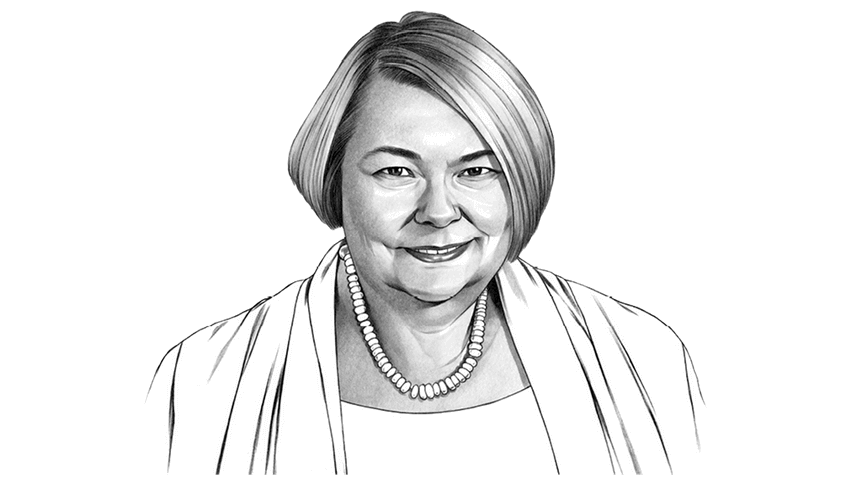 Black and white portrait illustration of AARP senior editor Dena Bunis