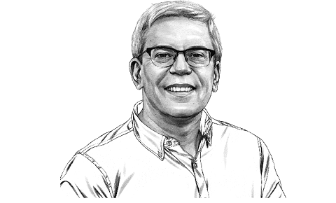 Black and white portrait illustration of AARP executive editor George Mannes