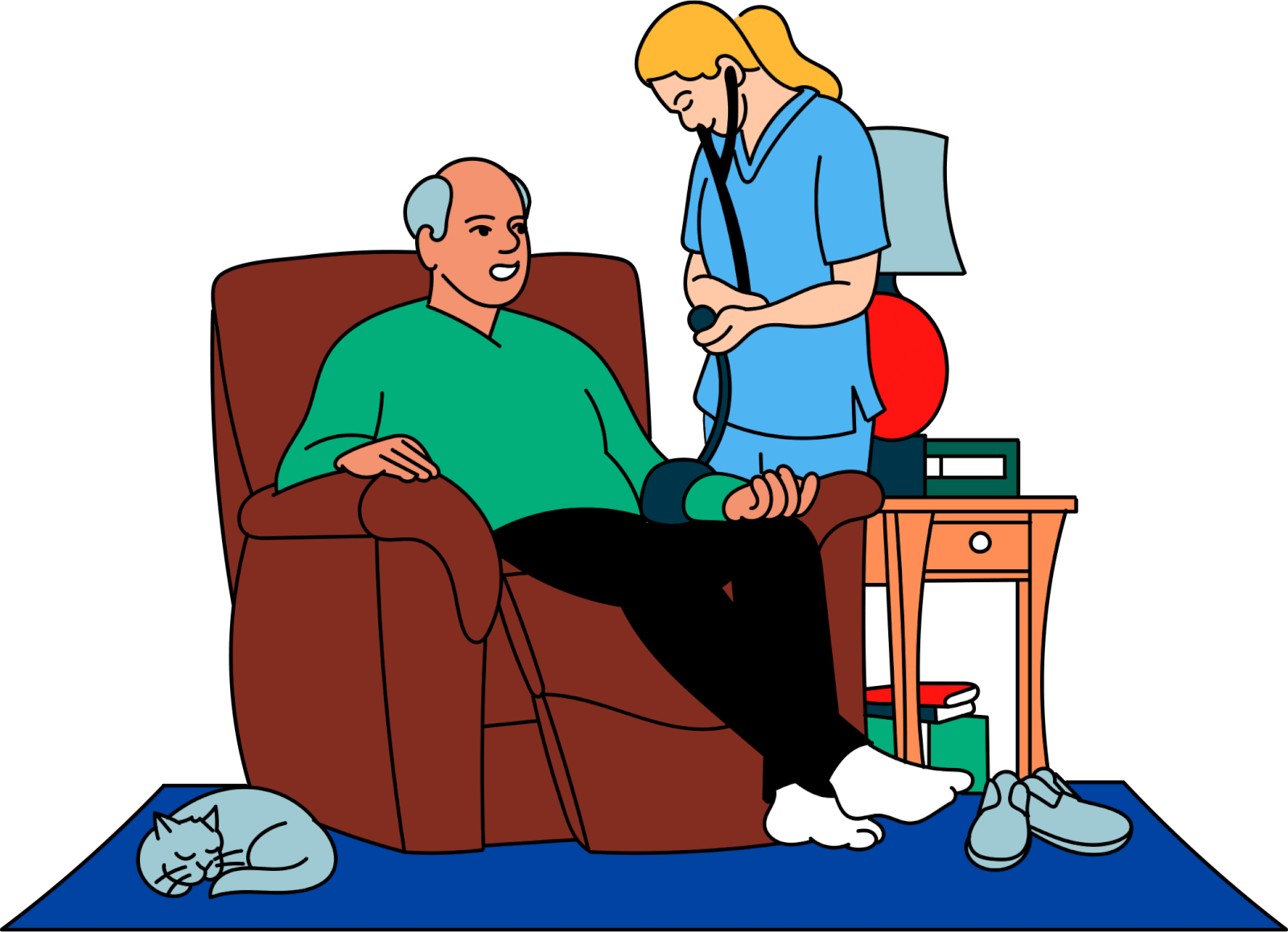 Illustration of a hospital caregiver taking an elderly man's blood pressure while he sits in a recliner at his home