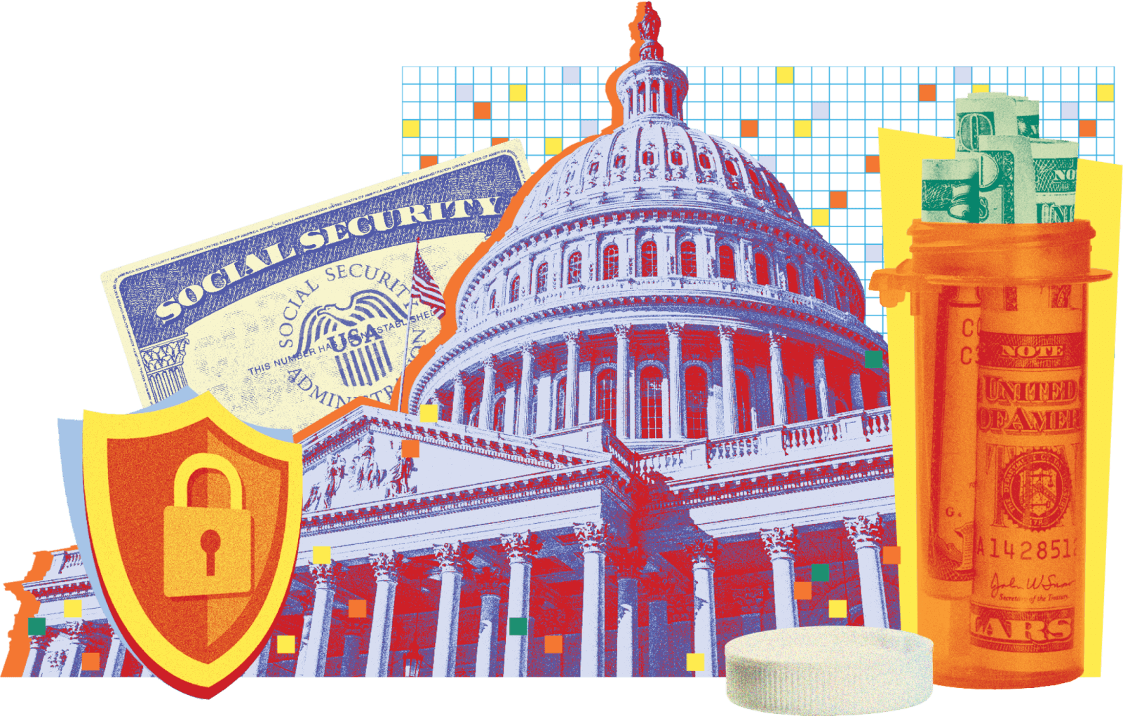 Collage illustration showing the U.S. Capitol building, a social security card and paper money inside a prescription pill bottle