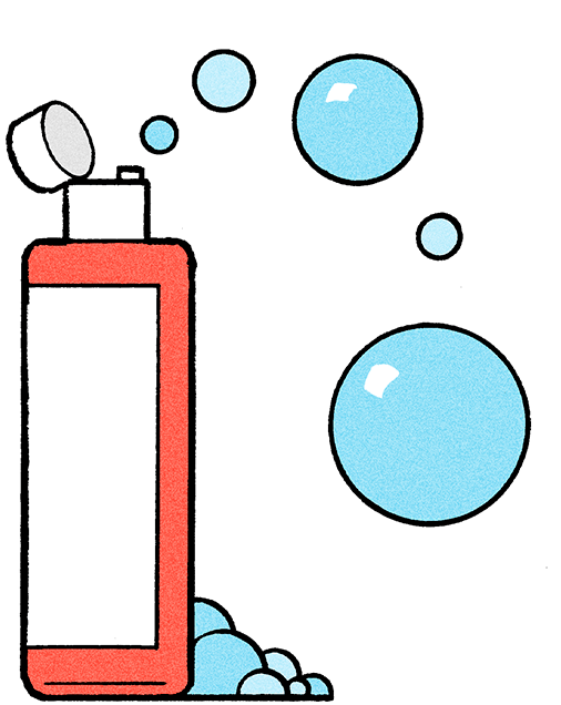 Illustration of an uncapped bottle of gentle shampoo with bubbles coming out the top