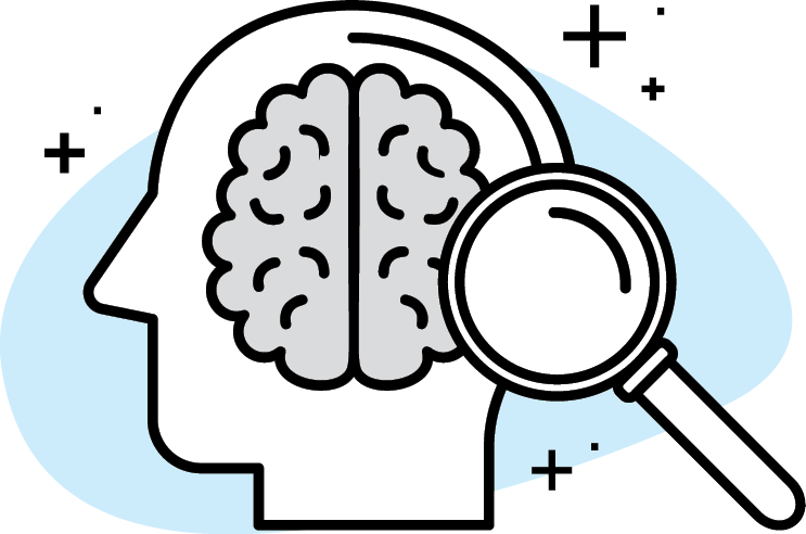 Illustration of a human brain inside a person's head and a magnifying glass
