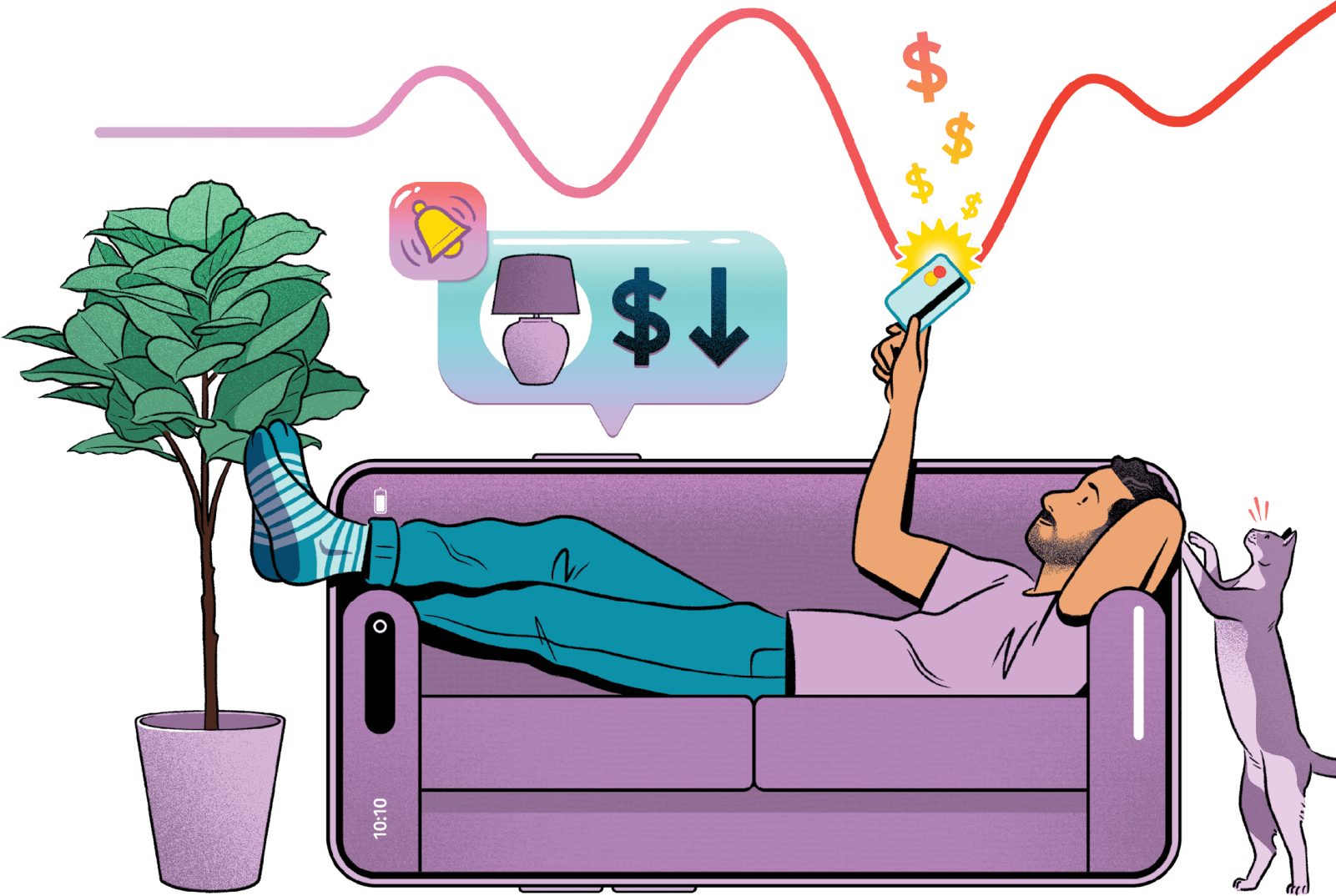 Illustration of a man relaxing on a couch holding a credit card up with his right arm