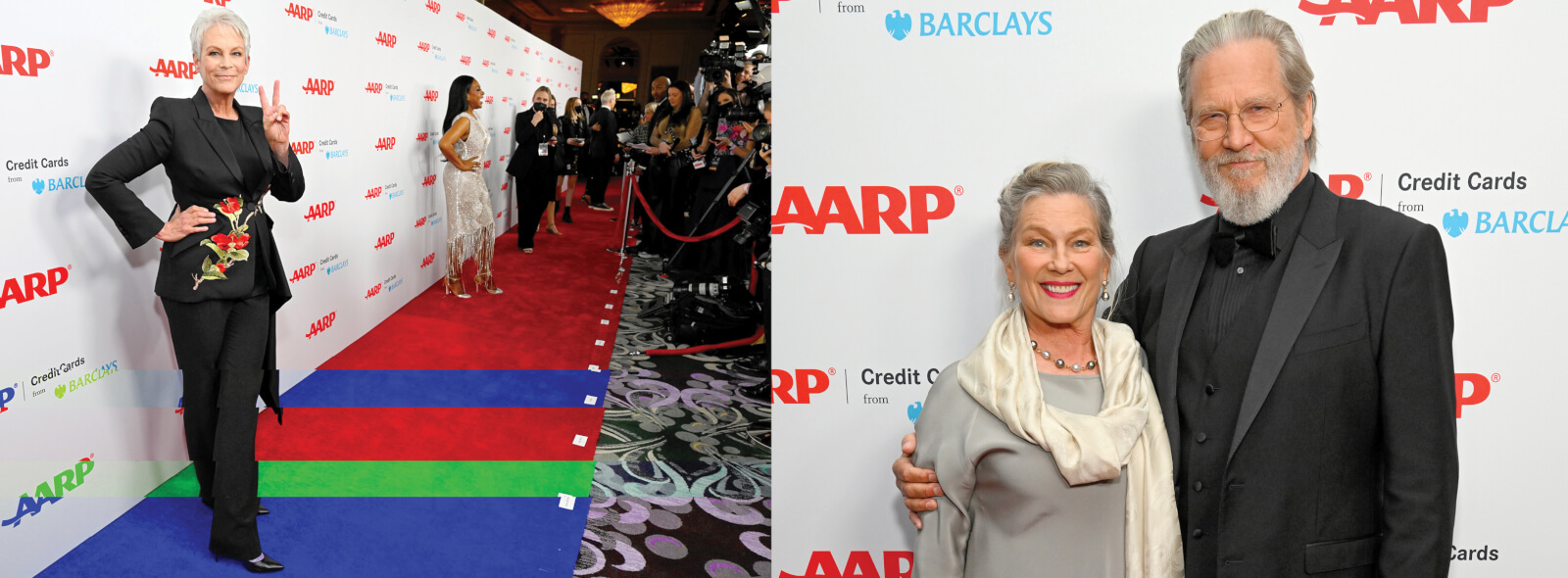 Side-by-side photos of Jamie Lee Curtis and Jeff Bridges and his wife at the AARP Movies for Grownups Awards gala