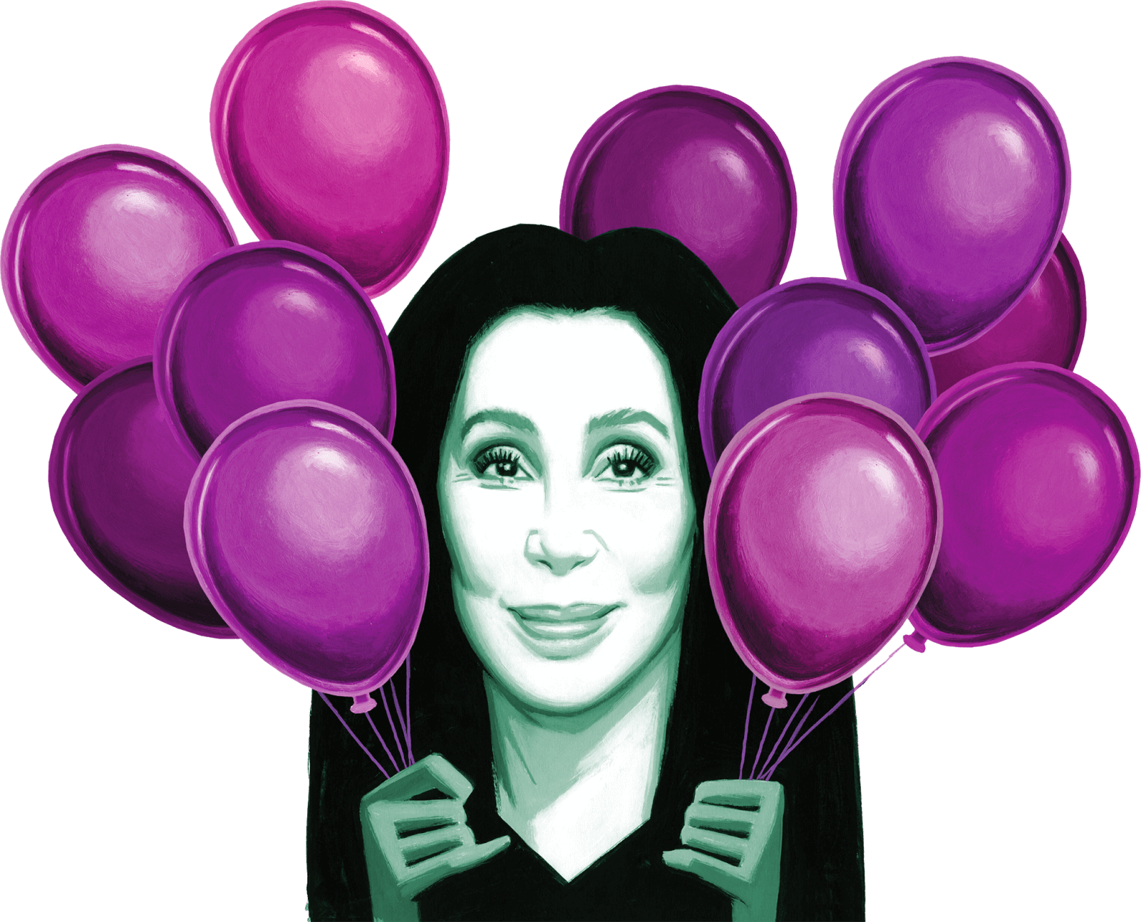 Portrait illustration of Cher holding purple balloons in each hand