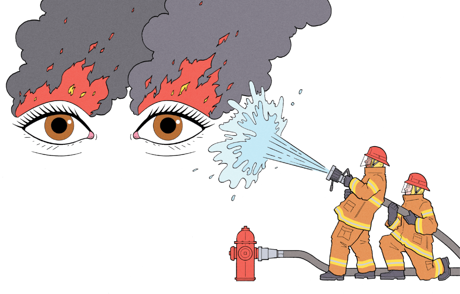 Humorous illustration of 2 firefighters hosing water on a pair of eyes on fire