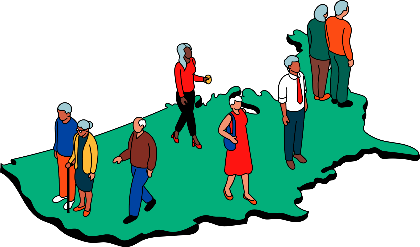 Illustration of several elderly people walking on a green map of the United States