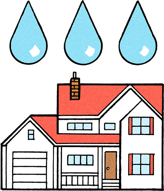 Illustration of 3 large water drops above a house