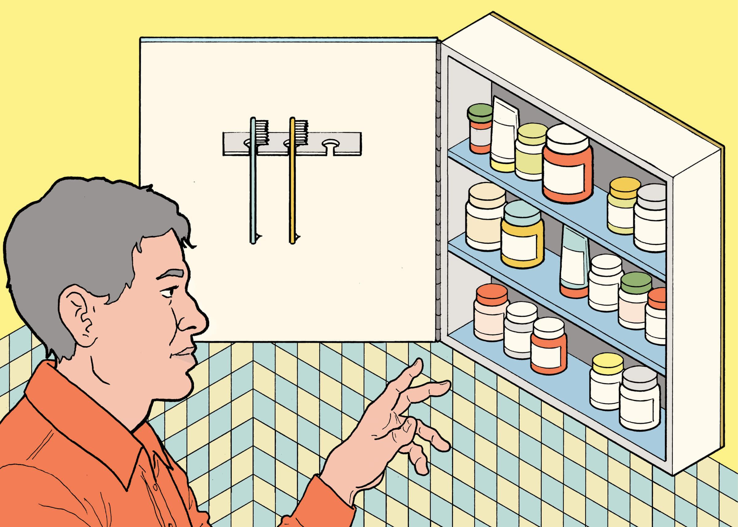 Illustration of a man reaching toward a medicine cabinet filled with bottles of medicine.
