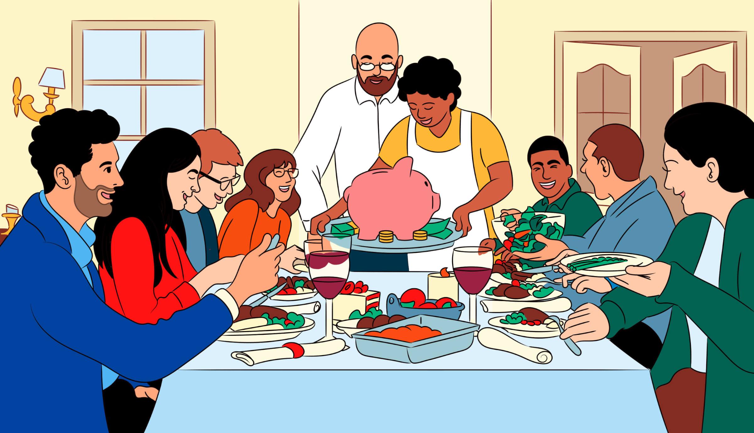 Illustration of a family holiday gathering, the hosts are placing a food tray with a piggy bank onto the table.